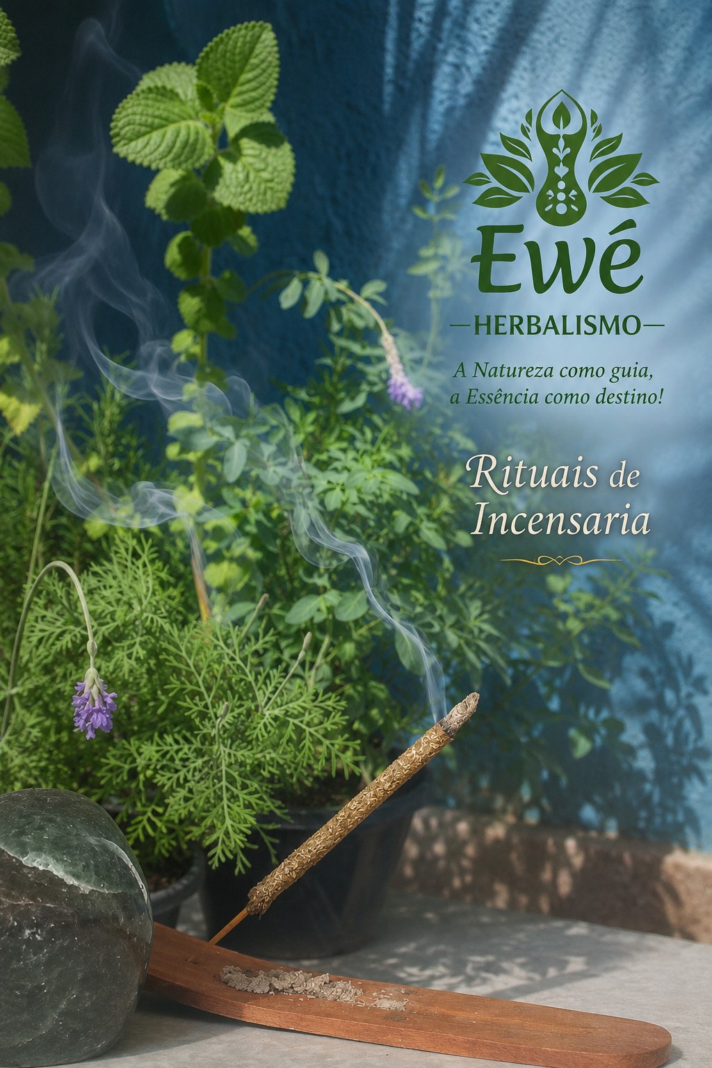 Rituais de Incensaria Ewé Herbalismo em composição azul e verde